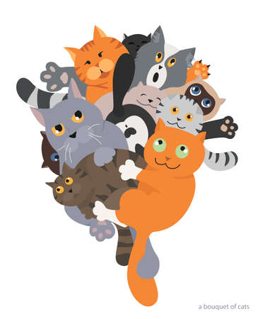 Cat poster. Cartoon cat characters collection. Bouquet of cats.  Flat color simple style design. Vector illustrationのイラスト素材