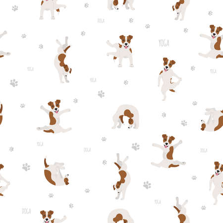 Yoga dogs poses and exercises seamless pattern design. Jack Russel terrier clipart. Vector illustrationのイラスト素材