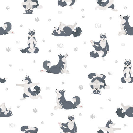 Yoga dogs poses and exercises. Siberian husky and Alaskan husky seamless pattern. Vector illustrationのイラスト素材