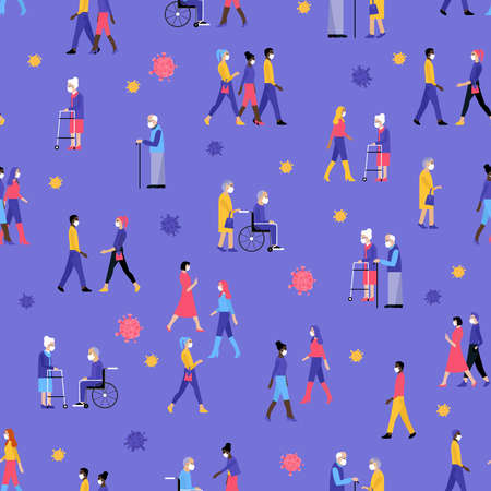 Many different ages and nationatily people in medical face mask. Quarantine, stop coronavirus epidemic design concept. Vector illustrationのイラスト素材