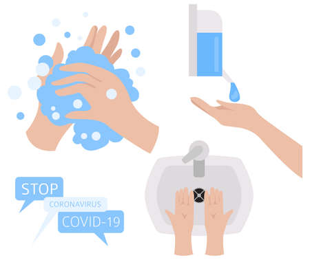 Hand disinfection as a means of protection against the virus. Quarantine, stop coronavirus epidemic design concept. Vector illustrationのイラスト素材