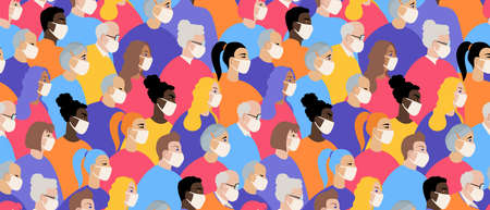 Many different ages and nationatily people in medical face mask seamless pattern. Quarantine, stop coronavirus epidemic design concept. Vector illustrationのイラスト素材