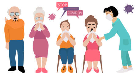 Many different ages im clinic. Quarantine, stop coronavirus epidemic design concept. Vector illustrationのイラスト素材