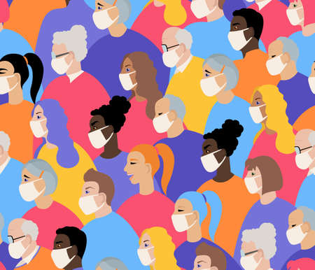 Many different ages and nationatily people in medical face mask seamless pattern. Quarantine, stop coronavirus epidemic design concept. Vector illustrationのイラスト素材