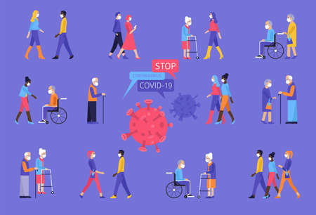 Many different ages and nationatily people in medical face mask. Quarantine, stop coronavirus epidemic design concept. Vector illustrationのイラスト素材