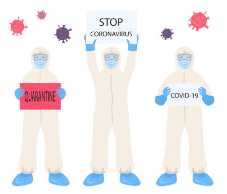 Corona virus. Doctor in protection suit. Quarantine, stop coronavirus epidemic design concept. Vector illustrationのイラスト素材