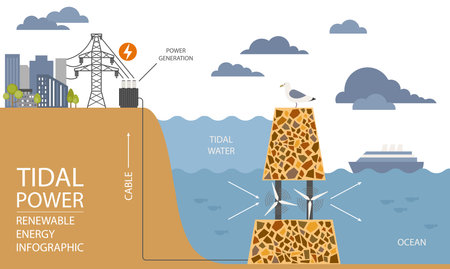 Renewable energy infographic. Tidal power. Global environmental problems. Vector illustrationのイラスト素材