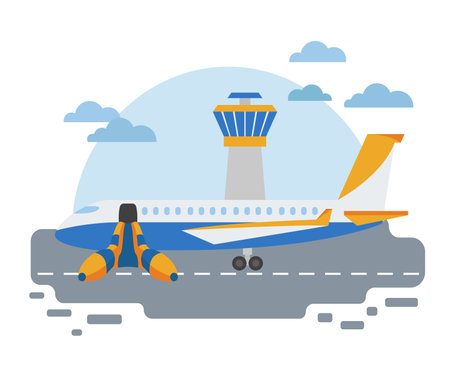 Special machinery collection. Airport ground support service transportation colored vector icon set isolated on white. Illustration vector designのイラスト素材