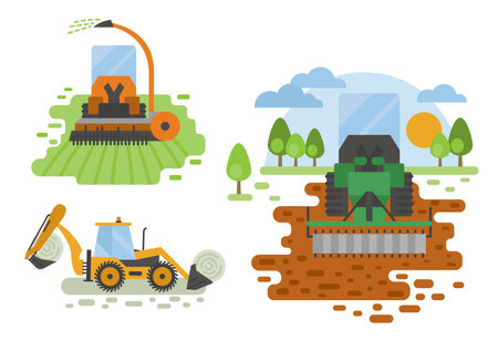 Agricultural machinery vector icon set isolated on white scene. Farming, harvesting, gardening. Illustration vector designのイラスト素材