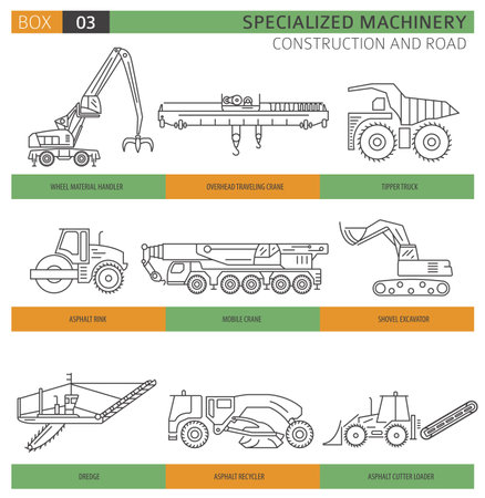 Special industrial construction and road machine linear vector icon set isolated on white. Illustrationのイラスト素材