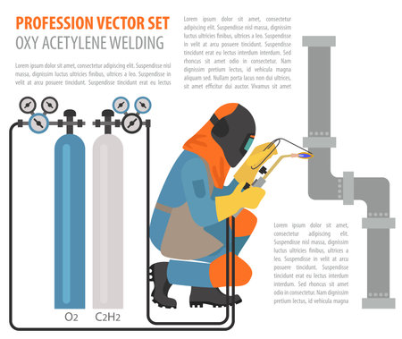 Profession and occupation set. Metal welding equipment, gas cutting flat design icon.Welder worker. Vector illustrationのイラスト素材