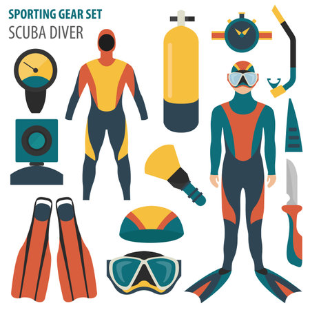 Sporting gear set. Diving equipment and scuba diver male flat design icon.Vector illustrationのイラスト素材