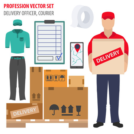 Profession and occupation set. Delivery officer equipment, courier uniform flat design icon.Vector illustrationのイラスト素材