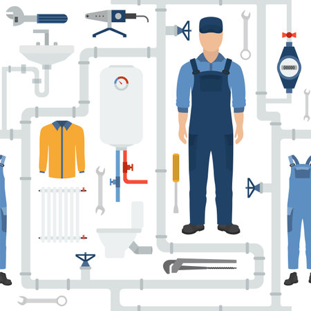 Profession and occupation seamless pattern. Plumber tools and equipment. Uniform flat design. Vector...
