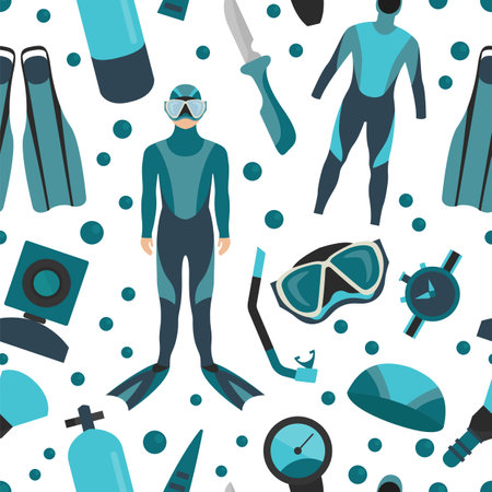 Sporting gear set. Diving equipment and scuba diver male seamless pattern.Vector illustrationのイラスト素材