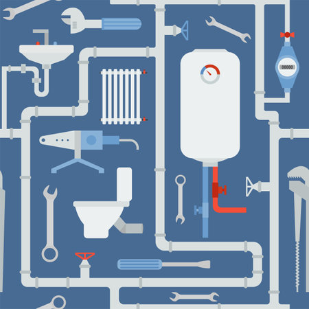 Profession and occupation seamless pattern. Plumber tools and equipment. Uniform flat design. Vector illustrationのイラスト素材