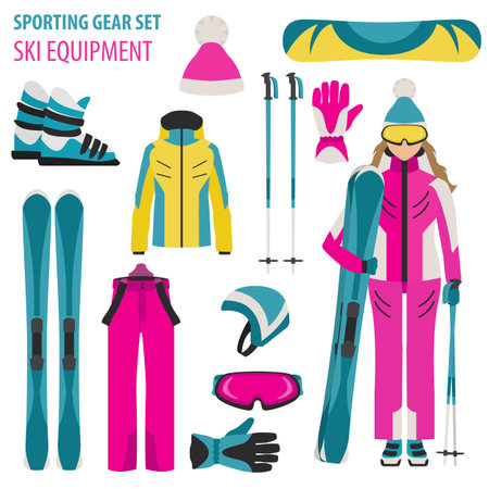 Sporting gear set. Ski equipment and skier woman flat design icon.Vector illustrationのイラスト素材