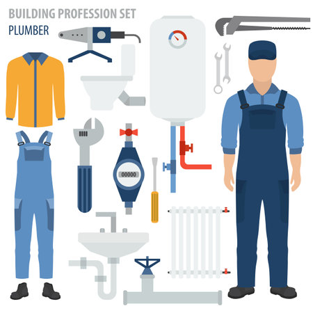 Profession and occupation set. Plumber tools and equipment. Uniform flat design icon. Vector illustrationのイラスト素材