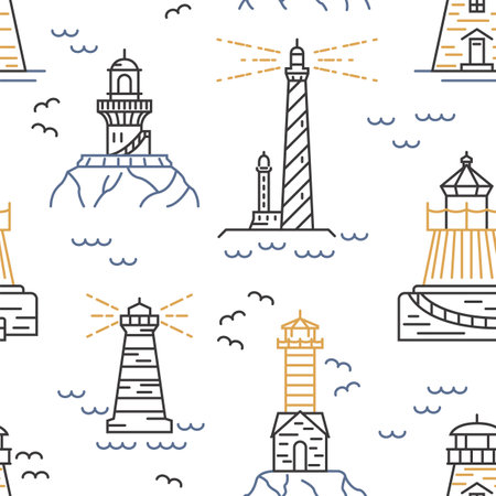 Lighthouses seamless pattern. Thin line vector design. Illustrationのイラスト素材