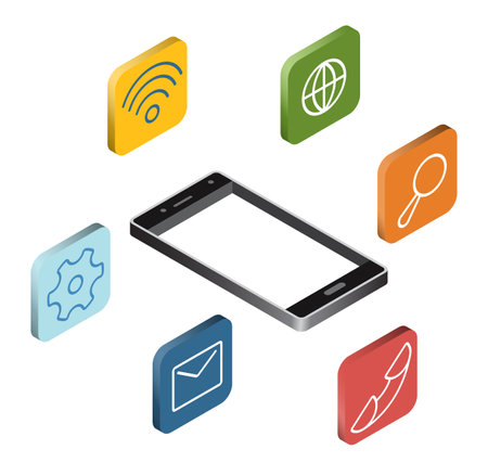 Mobile applications technology isometric collection. Software development and installation. Vector illustrationのイラスト素材