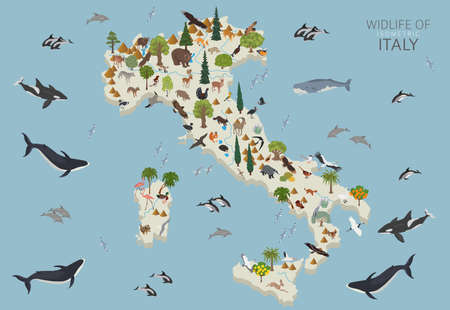 Isometric 3d design of Italy wildlife. Animals, birds and plants constructor elements isolated on...