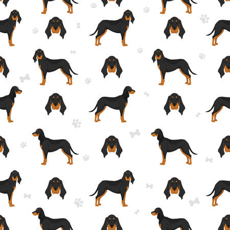 Black and tan coonhound seamless pattern. Different coat colors and poses set. Vector illustrationのイラスト素材