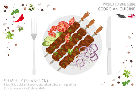 World cuisine guide. Georgian cuisine. Shashlik isolated on white, infographic. vector illustrationのイラスト素材