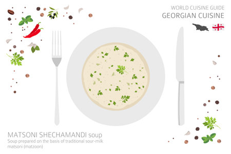 World cuisine guide. Georgian cuisine. Matsoni shechamandi soup isolated on white, infographic. vector illustrationのイラスト素材