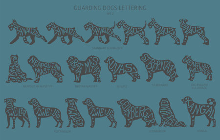 Dog breeds silhouettes with lettering, simple style clipart. Guardian dogs and service dog collection. Vector illustrationのイラスト素材