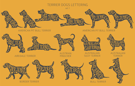 Dog breeds silhouettes with lettering, simple style clipart. Hunting dogs, Terrier dogs collection. Vector illustrationのイラスト素材