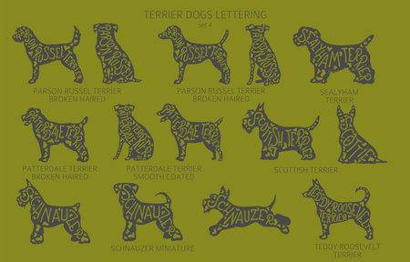 Dog breeds silhouettes with lettering, simple style clipart. Hunting dogs, Terrier dogs collection. Vector illustrationのイラスト素材