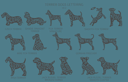 Dog breeds silhouettes with lettering, simple style clipart. Hunting dogs, Terrier dogs collection. Vector illustrationのイラスト素材