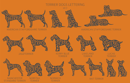 Dog breeds silhouettes with lettering, simple style clipart. Hunting dogs, Terrier dogs collection. Vector illustrationのイラスト素材