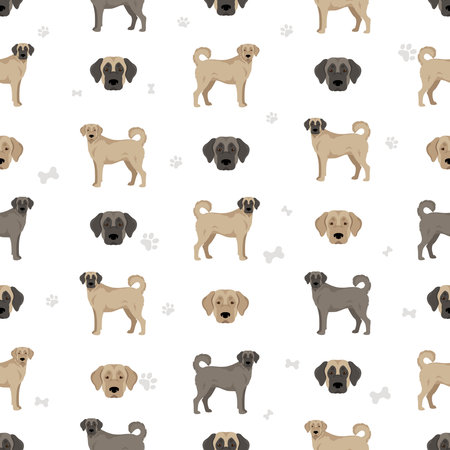 Kangal Shepherd dog seamless pattern. Different coat colors set. Vector illustrationのイラスト素材