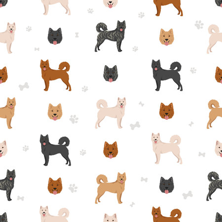 Kintamani Bali dog seamless pattern. Different coat colors set. Vector illustrationのイラスト素材