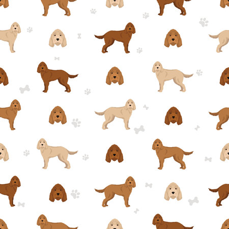 Fawn Brittany Griffon seamless pattern. Different coat colors set. Vector illustrationのイラスト素材