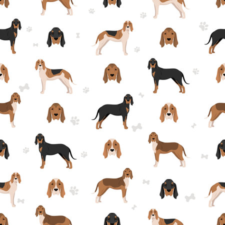 Black and tan Virginia Foxhound seamless pattern. Different coat colors and poses set. Vector illustrationのイラスト素材