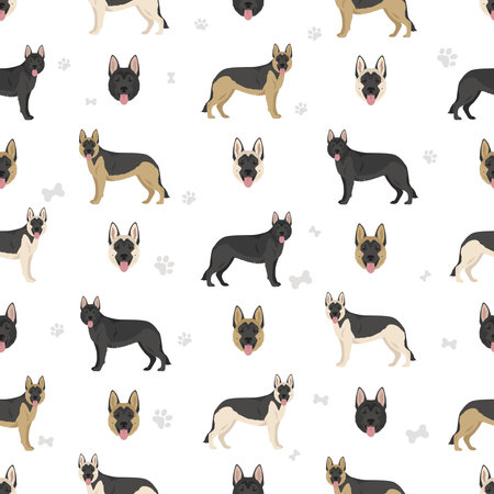 East European shepherd seamless pattern. Different coat colors set. Vector illustrationのイラスト素材