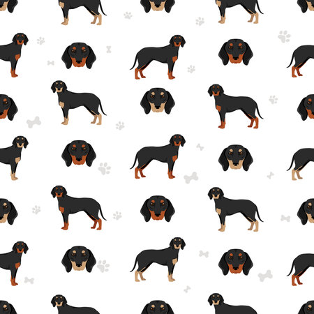 Austrian black and tan hound seamless pattern. Different poses, coat colors set. vector illustrationのイラスト素材