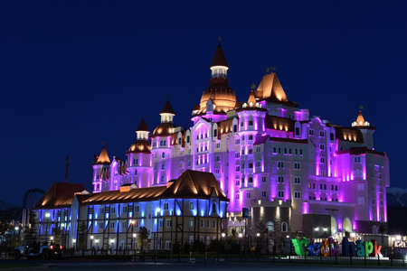 December 23, 2016, Sochi, Russia. The hotel "Bogatyr", night scene long exposureのeditorial素材