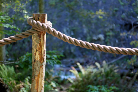 The fence of the hiking trail is made of thick rope and a wooden stand. Close-upの写真素材