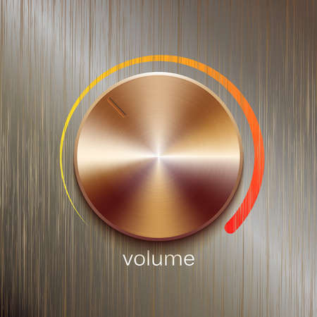 Volume button, sound control, music knob with bronze or golden brushed texture and color scale...