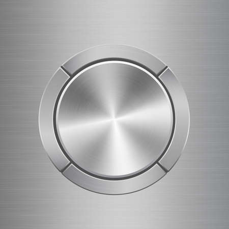 Template for audio control panel with silver metal texture buttons situated around main button on metal texture backgroundのイラスト素材