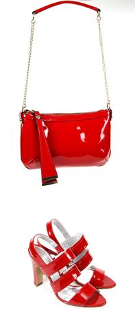 Women's Red Leather Bag & Shoes on a white backgroundの写真素材