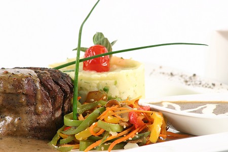 Thick Beef Steak with appetizers & Sauce & Mash Potatoesの写真素材