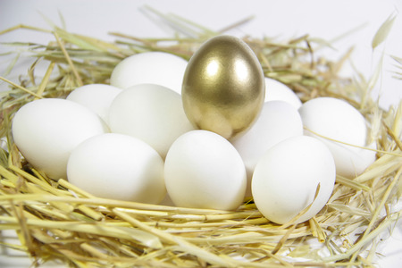 A nest and eggs in it, and one of the eggs is golden on top of themの写真素材