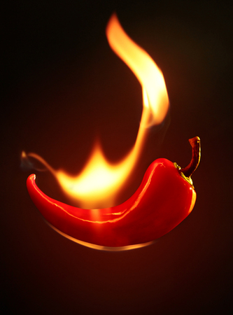 Red Hot Chilli sat on fire on a black backgroundの写真素材
