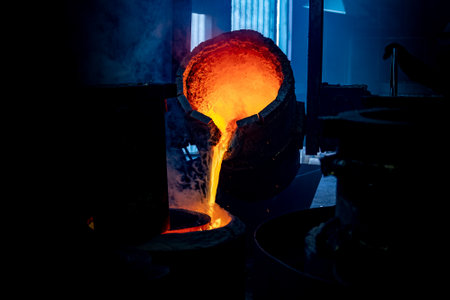 foundry production. A ladle with molten metal. Pouring hot liquid metal into special molds. close-up