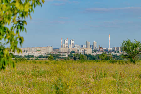 View of the city of Dnipro from the meadowの写真素材