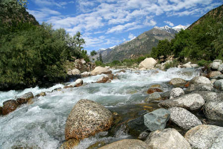 River flowing through the beautiful Bamboret valley in the Karakorum mountains in Pakistan の写真素材
